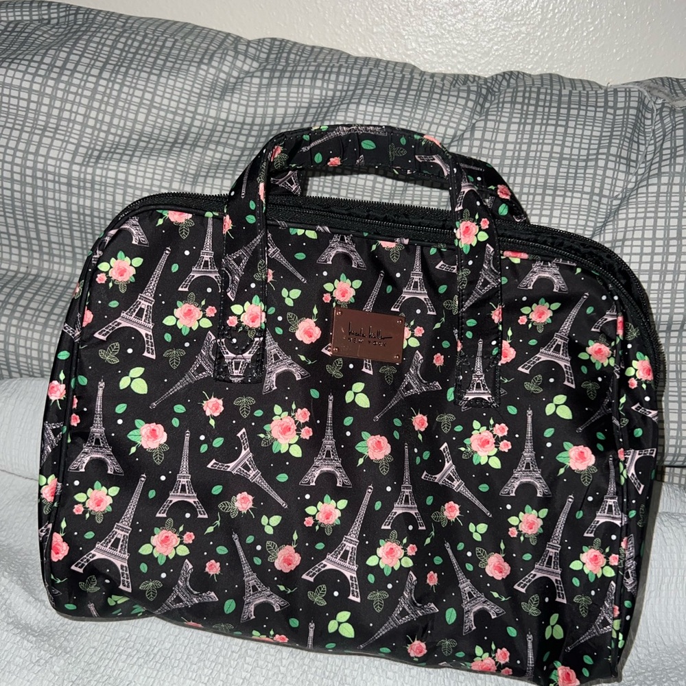 Nicole Miller Black Floral Eiffel Tower Cosmetic Bag